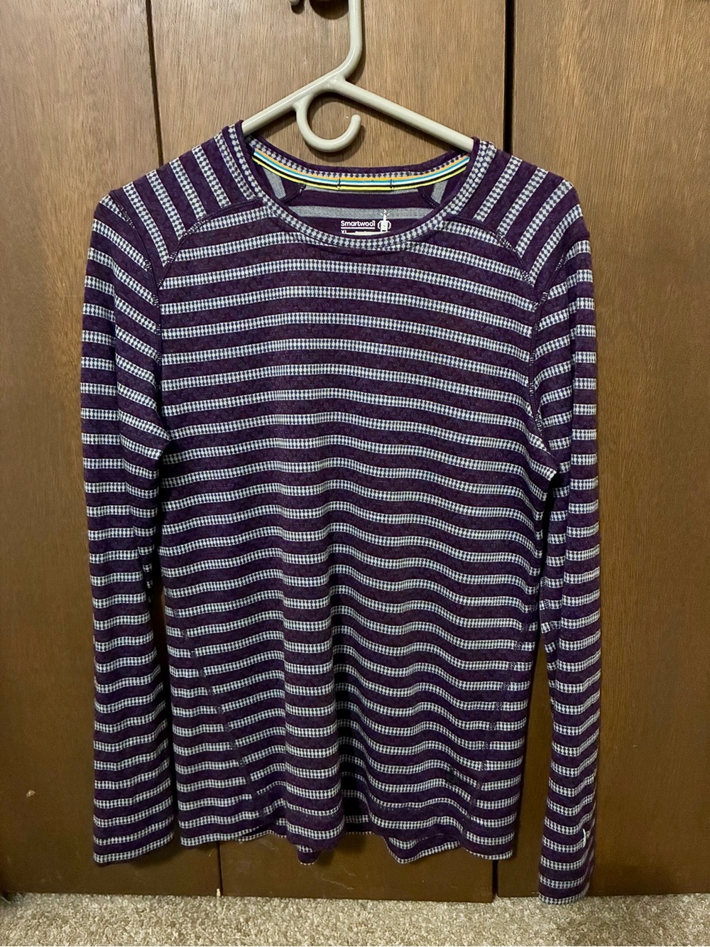 Smartwool 250 Merino Base Layer Long Sleeve Crew Top XL Purple/Grey Stripes